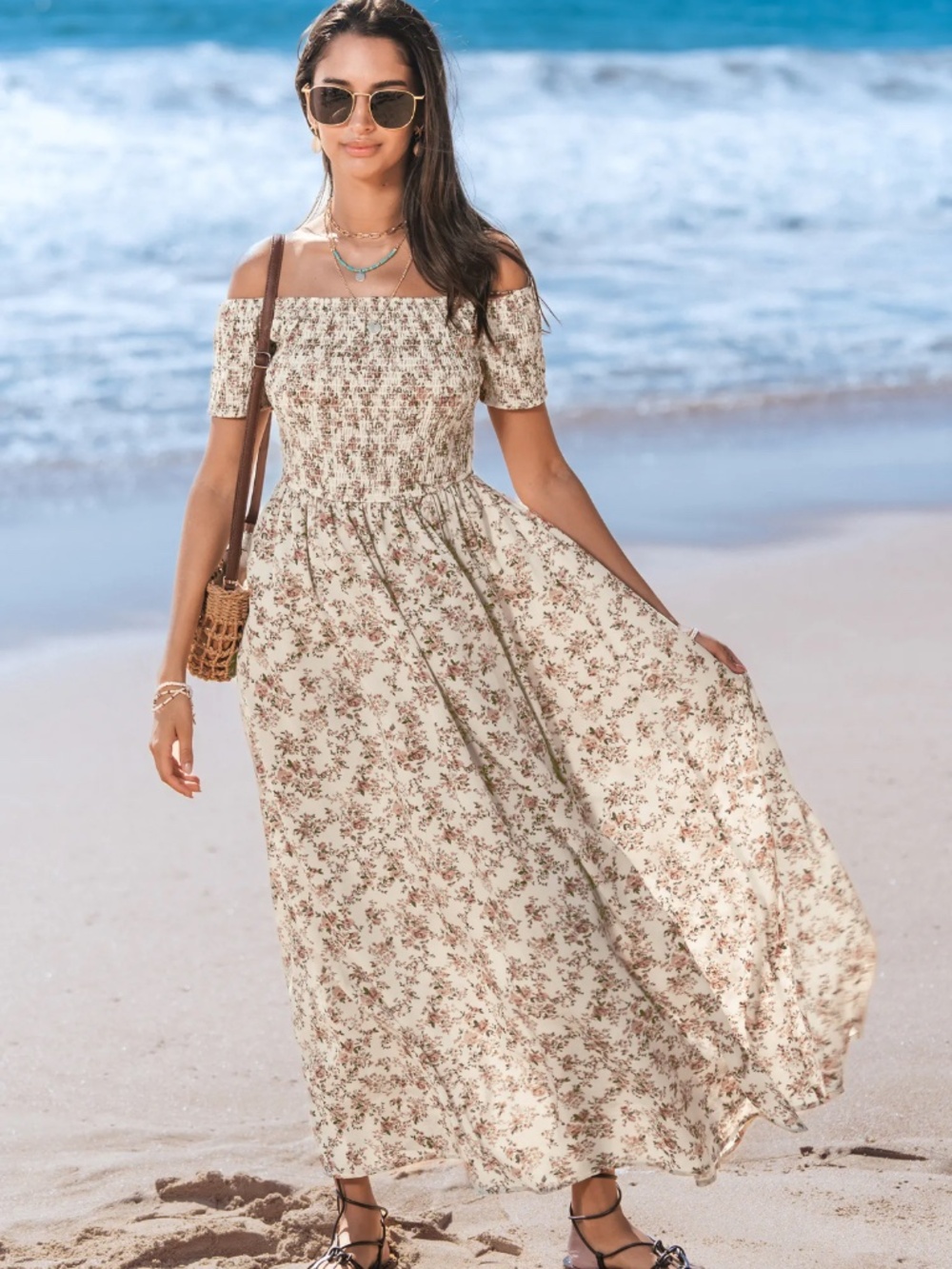 NWT Off-Shoulder Floral Maxi Dress in Cream - Picture 3 of 4